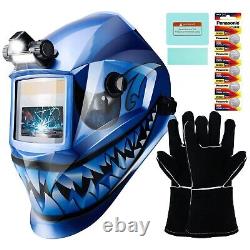 Auto-Darkening Welding Helmet with Shark Decal and Leather Neck Guard Combo Set