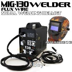 Mig-130 Flux Wire Welder Machine No Gas + Flame Auto Darkening Welding Helmet CE